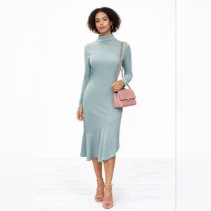 New Sage Green Asymmetric Turtleneck Dress